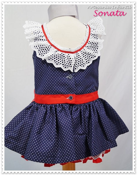 Sonata Navy Dress with Pola Dots and Frill Collar