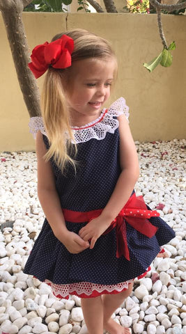Sonata Navy Dress with Pola Dots and Frill Collar