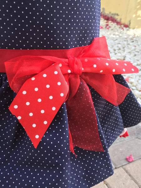 Sonata Navy Dress with Pola Dots and Frill Collar
