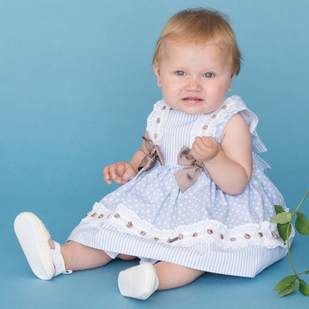 dolce petit blue dress Dolce Petit Pink & Blue Stripe Dress & Pants Set With Beige Bows