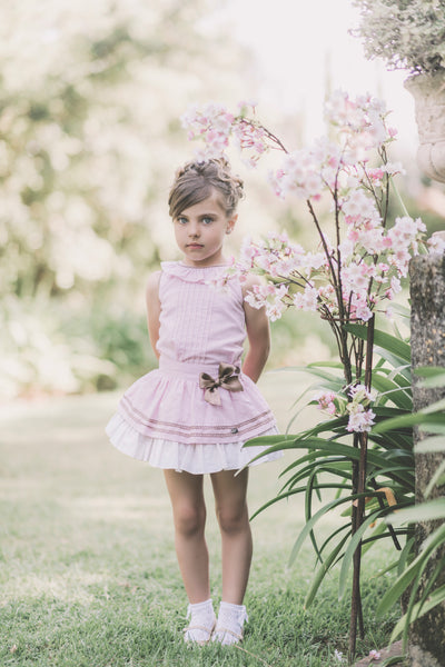 Dolce Petit Pink & Camel Puffball Blouse & Skirt Set 2240-23