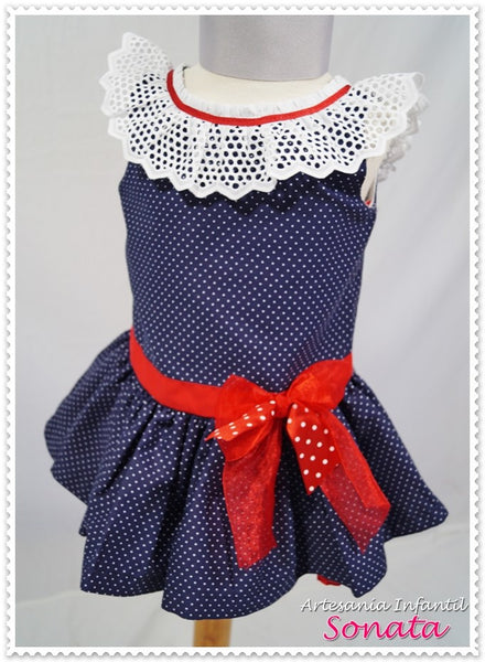 Sonata Navy Dress with Pola Dots and Frill Collar