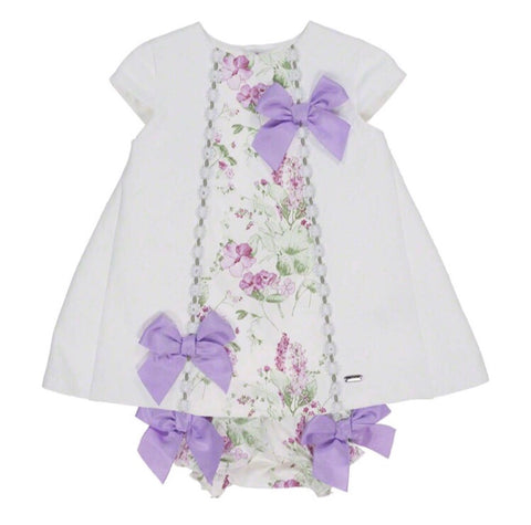 Dolce Petit Baby Girls Cream & Lilac Ribbon Dress & Knickers Set 2149-VB