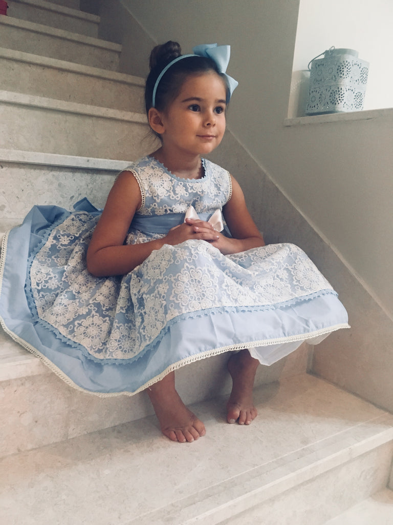 Powder Blue Puffball Dress with Lace Overlay