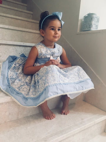 Powder Blue Puffball Dress with Lace Overlay