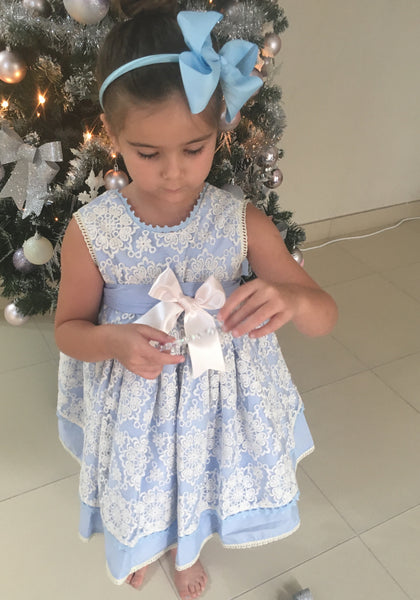 Powder Blue Puffball Dress with Lace Overlay