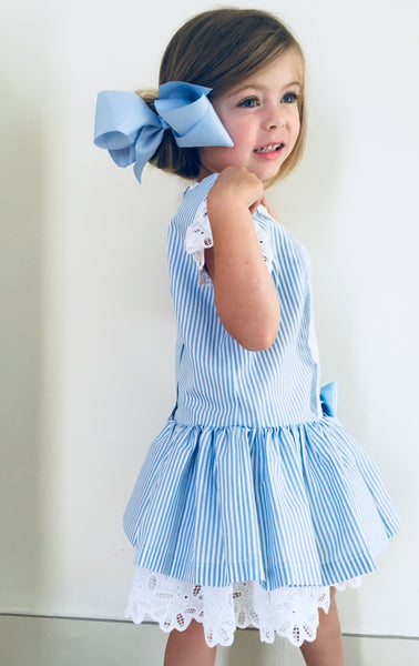 Sonata Blue Candy Stripe Dress with Lace trim