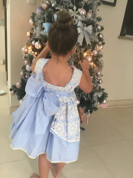 Powder Blue Puffball Dress with Lace Overlay