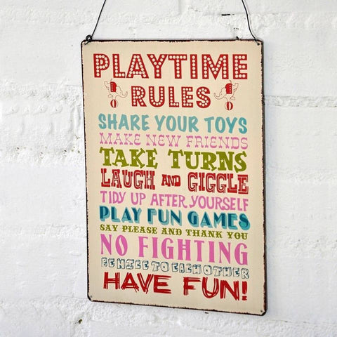 Playtime Rules Metal Hanging Plaque