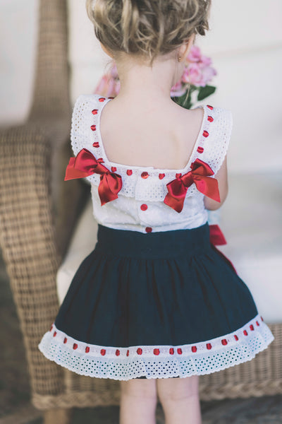 Dolce Petit Navy, White & Red Bow Skirt Set 2244-23