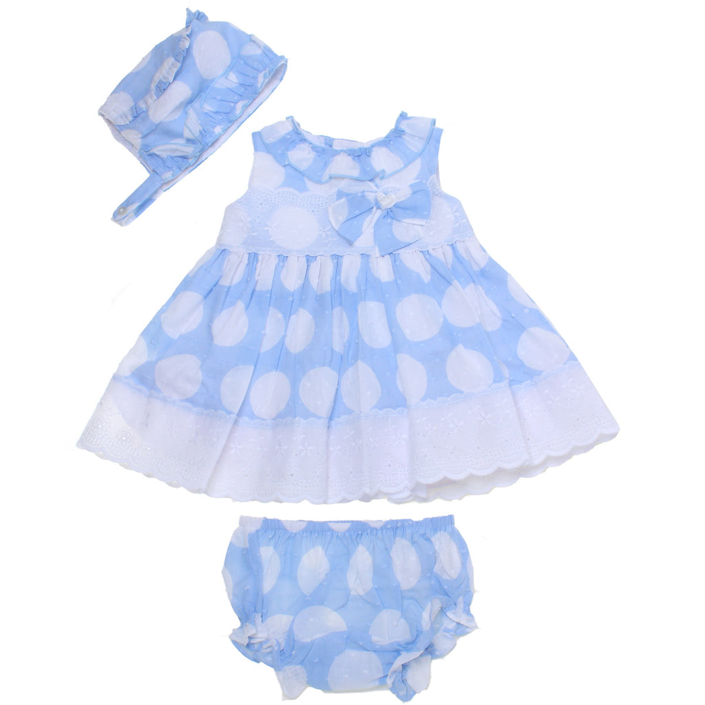 Dolce Petit SS18 Blue White Spot Dress Bonnet Set 2128-vgb