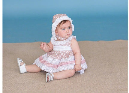 Dolce Petit Beige & White Polka Dot Dress with Bonnet and Pants