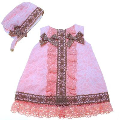 Dolce Petit Pink & Camel Baby Dress with Bonnet