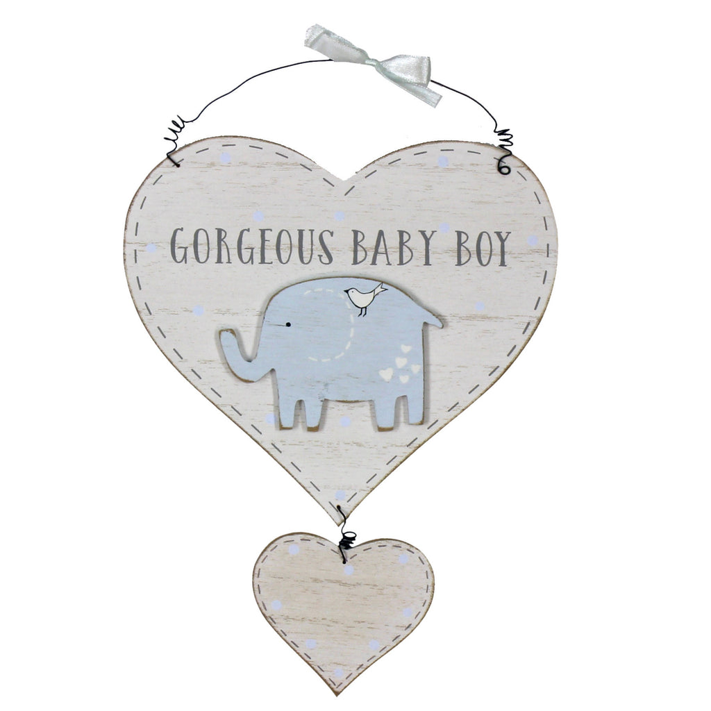 Wooden Baby Boy Double Heart Wall Plaque