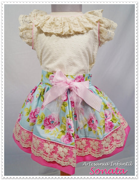 Sonata Turquoise & Pink Floral Skirt & Blouse Set