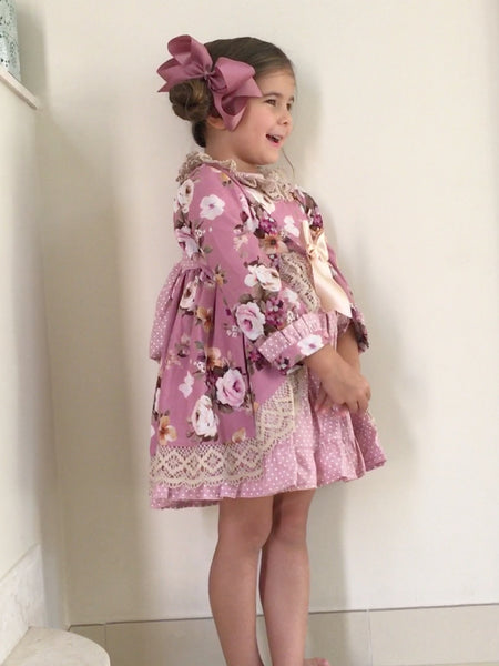Sonata Damson Floral Dress with Champagne Bow