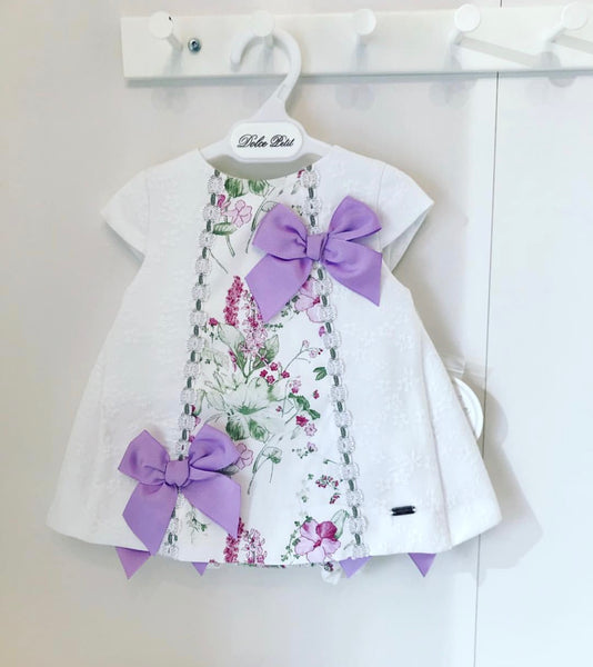 Dolce Petit Baby Girls Cream & Lilac Ribbon Dress & Knickers Set 2149-VB
