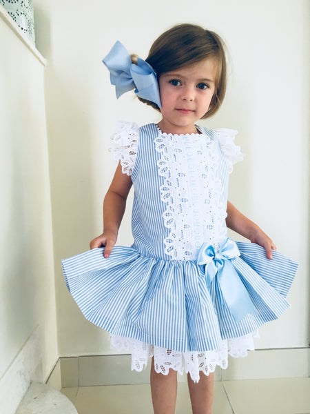 Sonata Blue Candy Stripe Dress with Lace trim