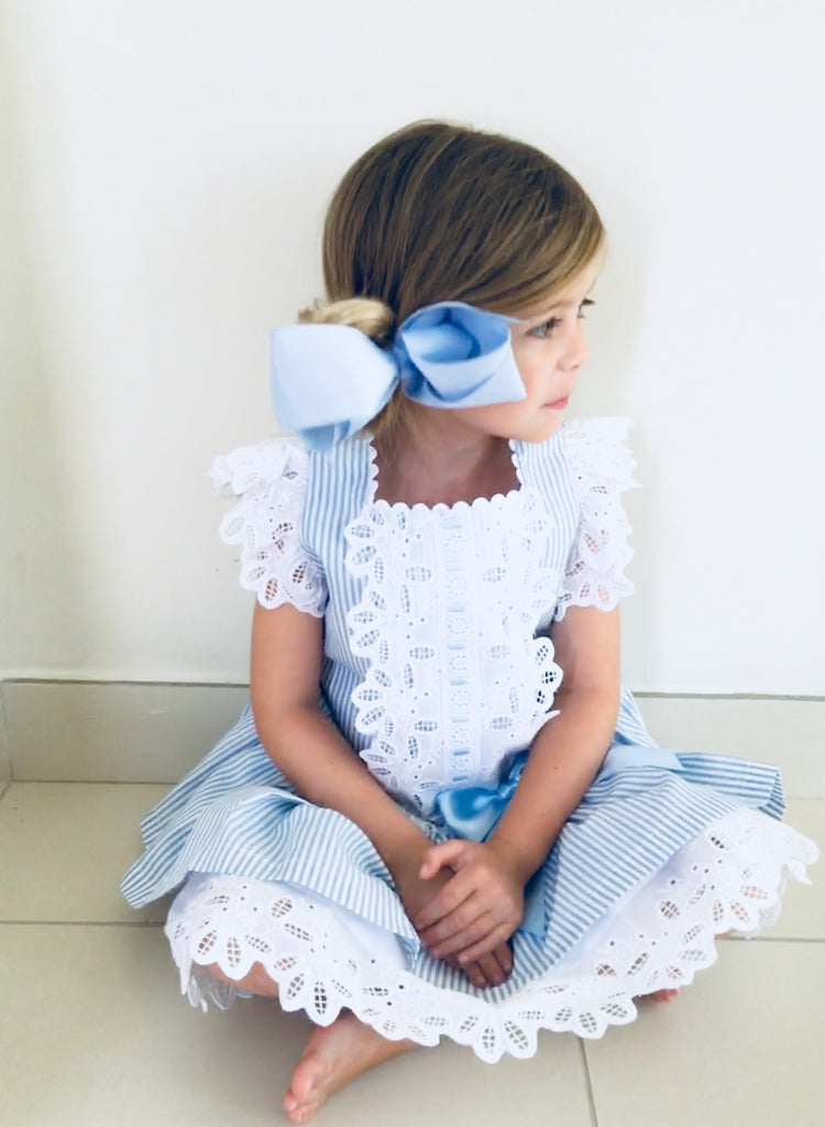 Sonata Blue Candy Stripe Dress with Lace trim