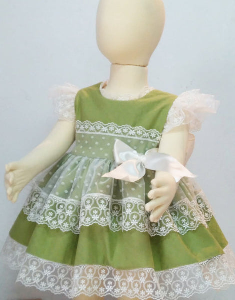 Olive & White Lace Puffball Dress